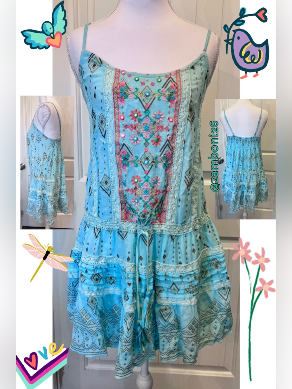 Embroidered Sundress Tassel Waist Drawstring Smocked Back Adjustable Straps